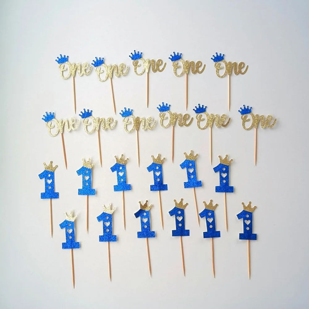 First Birthday Cupcake Toppers - Glitter One Crown Heart Cupcake Picks, 23-Piece